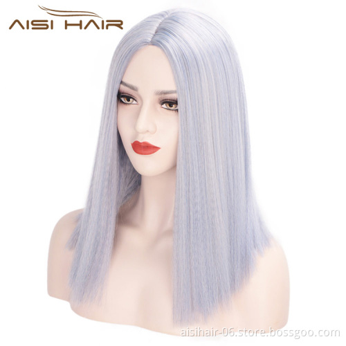 Aisi Hair Short Bob Middle Part Machine Made Wigs Yaki Grey Color Synthetic Short Cosplay Wigs for American Africans